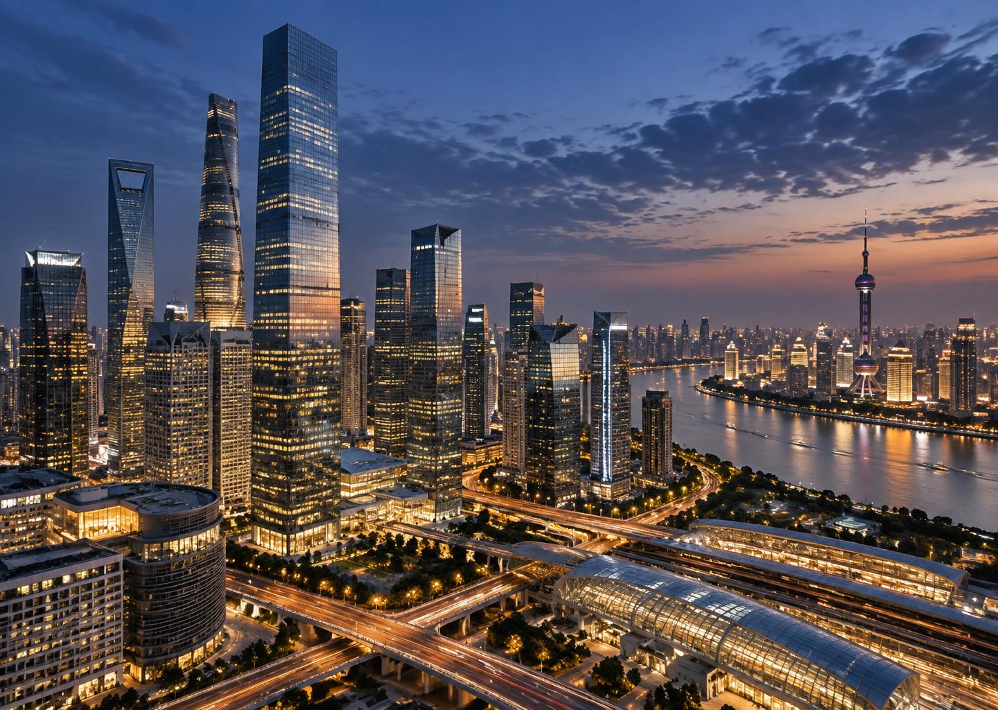 High-rise financial district and transport infrastructure at dusk